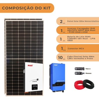 Segunda imagem do produto Kit Solar 133,2kWh/mês Must 2kW 127V com bateria 50Ah