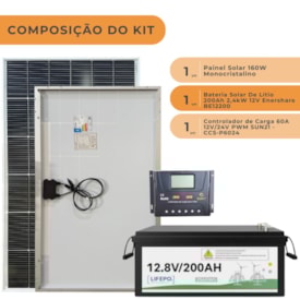 Segunda imagem do produto Kit Solar 160W com Bateria de Lítio 200Ah 12V e Controlador 60A PWM
