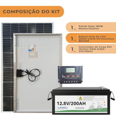 Segunda imagem do produto Kit Solar 160W com Bateria de Lítio 200Ah 12V e Controlador 60A PWM