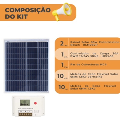 Segunda imagem do produto Kit Solar 160W Resun Controlador 30A 12V/24V PWM SRNE HC2410