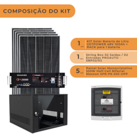 Segunda imagem do produto Kit Solar 2,75kWp com Bateria de Lítio 4,8kWh GETPOWER e String Box