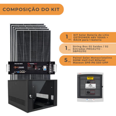 Segunda imagem do produto Kit Solar 2,75kWp com Bateria de Lítio 4,8kWh GETPOWER e String Box