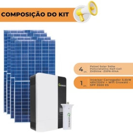 Segunda imagem do produto Kit Solar 200kWh/mês Znshine Inversor Growatt 3,5kW 48V/220V