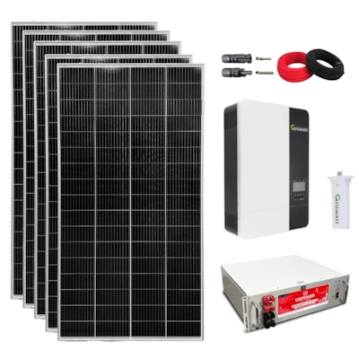 Kit Solar 201kWh/mês para Sitio Inversor Growatt 3kW 48V 220V e Bateria de Lítio 100Ah
