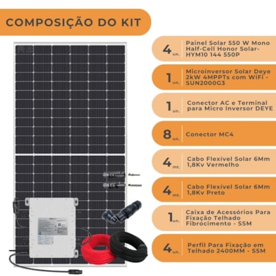 Segunda imagem do produto Kit Solar 231kwh/mês Microinversor Deye 220V Fibrocimento