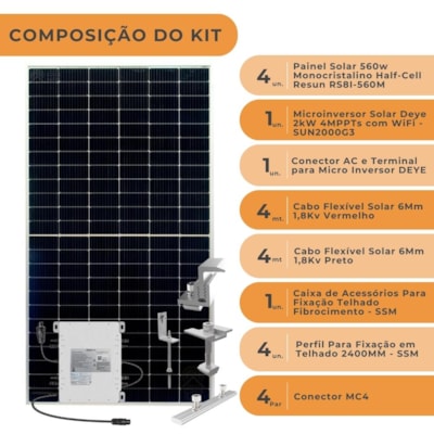 Segunda imagem do produto Kit Solar 268kwh/mês Microinversor Deye 220v Fibrocimento