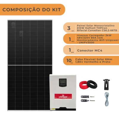 Segunda imagem do produto Kit Solar 274kWh/mês com Inversor Carregador Unipower 3kW 48V/220V