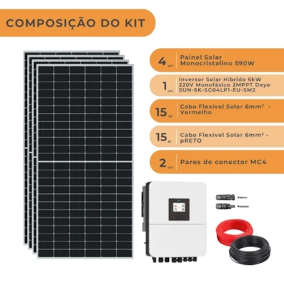Segunda imagem do produto Kit Solar 280kWh/Mês com Inversor Híbrido Deye 6kW