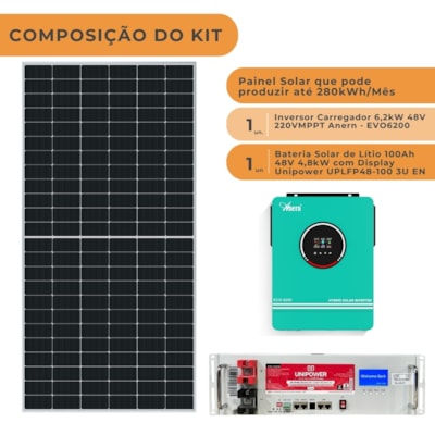 Segunda imagem do produto Kit Solar 280kWh/Mês Inversor Anern EVO 6,2kW 48V e Bateria Lítio Unipower
