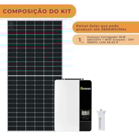 Segunda imagem do produto Kit Solar 280kWh/mês Inversor Carregador Growatt 3kW 48V 110V