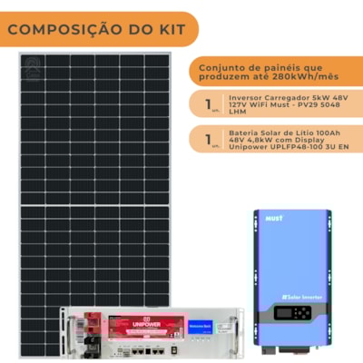Segunda imagem do produto Kit Solar 280kWh/mês Inversor Must 5kW 48V 127V Bateria de Litio 100Ah