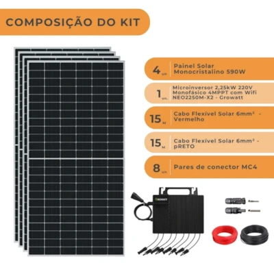 Segunda imagem do produto Kit Solar 280kWh/Mês Microinversor Growatt 2,25kW Monofásico 220V