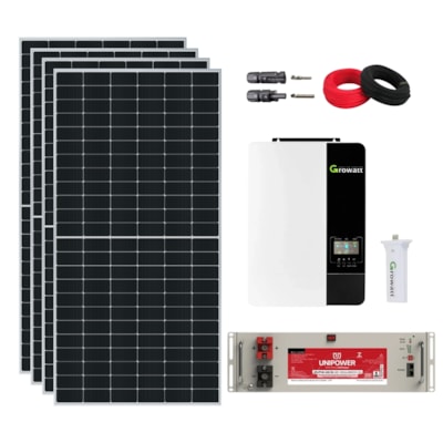 Kit Solar 280kWh/mês para Sitio Inversor Growatt 5kW 48V 220V e Bateria de Lítio 100Ah