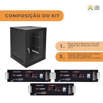 Segunda imagem do produto KIT Solar 3 Baterias de Lítio GETPOWER 48V 100Ah + RACK para 3 baterias
