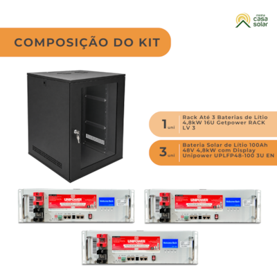 Segunda imagem do produto KIT Solar 3 Baterias de Lítio UNIPOWER 48V 100Ah + RACK para 3 baterias
