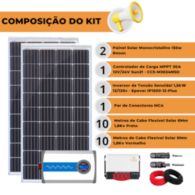 Segunda imagem do produto Kit Solar 310w Resun Controlador 30A Inversor 1500w Epever