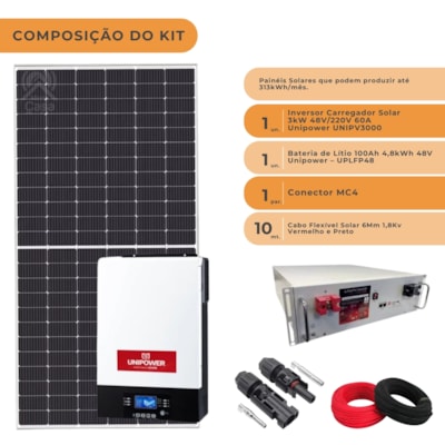 Segunda imagem do produto Kit Solar 313kWh/mês Monocristalino com Bateria de Lítio e Inversor Unipower 3kW
