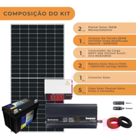 Segunda imagem do produto Kit Solar 320W/H com Controlador 20A Inversor 500W 12V/220V e Bateria
                                            