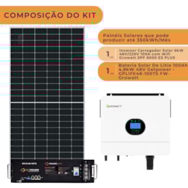 Segunda imagem do produto Kit Solar 350kWh/mês Inversor Growatt 48V 220V Bateria de Lítio Getpower