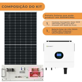 Segunda imagem do produto Kit Solar 350kWh/Mês Inversor Growatt 48V 220V e Bateria Lítio