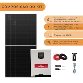 Segunda imagem do produto Kit Solar 366kWh/mês com Inversor Carregador Unipower 3kW 48V/127V