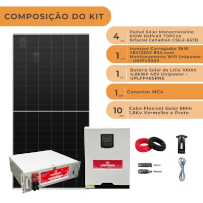 Segunda imagem do produto Kit Solar 366kWh/mês Inversor Carregador 3kW 48V/220V e Bateria de Lítio 100Ah Unipower