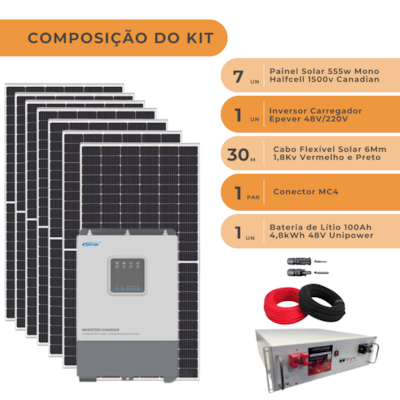 Segunda imagem do produto Kit Solar 466kWh/mês Inversor Carregador Epever 48V/220V e Bateria de Lítio