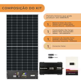 Segunda imagem do produto Kit Solar 4680W/h Inversor 3000W 24V/220V Bateria Lítio Moura
