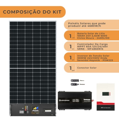 Segunda imagem do produto Kit Solar 4680W/h Inversor 3000W 24V/220V Bateria Lítio Moura