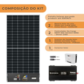 Segunda imagem do produto Kit Solar 4680W/h Inversor 3000W 24V/220V Bateria Lítio Moura