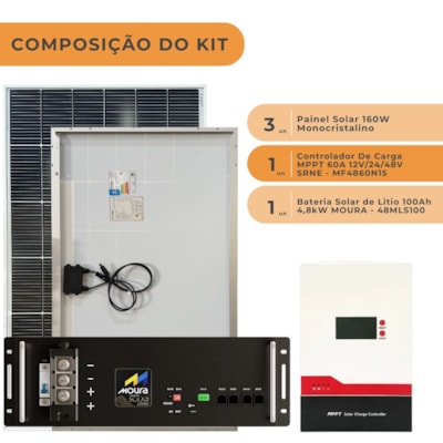 Segunda imagem do produto Kit Solar 480W com Bateria de Litio 100Ah 48V Moura