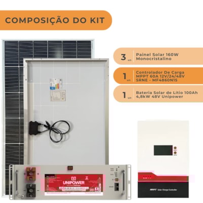Segunda imagem do produto Kit Solar 480W com Bateria de Litio 100Ah 48V Unipower