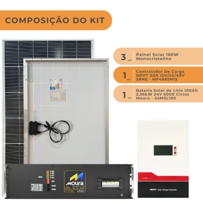 Segunda imagem do produto Kit Solar 480W Motorhome com Bateria de Litio 100Ah 24V Moura