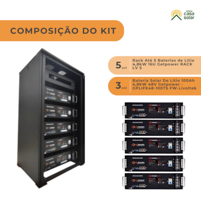 Segunda imagem do produto KIT Solar 5 Baterias de Lítio GETPOWER 48V 100Ah + RACK para 5 baterias