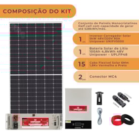 Segunda imagem do produto Kit Solar 528kWh/mês Monocristalino com Bateria de Lítio e Inversor Unipower 5kW