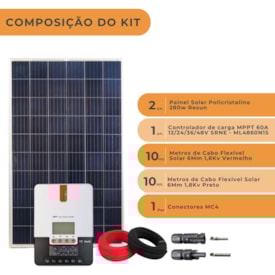 Segunda imagem do produto Kit Solar 560W Resun Controlador de Carga 60A 12V/24V SRNE