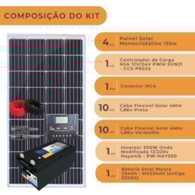 Segunda imagem do produto Kit Solar 620W Starlink Autonomia 16h PWM 60A com Bateria