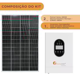 Segunda imagem do produto Kit Solar 67kWh/mês Monocristalino Com Inversor Carregador 1kW 60A Felicity