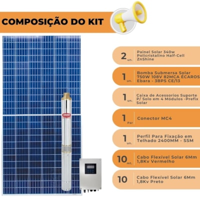 Segunda imagem do produto Kit Solar 750W Bomba Ebara 108V 82MCA 3BPS CE/13 Com Estrutura Solo