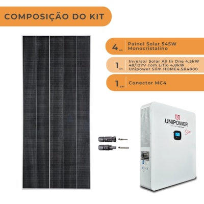 Segunda imagem do produto Kit Solar All In One 4,5kW 48/127V com Litio 4,8kW Unipower e 4 Painéis 545W