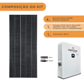 Segunda imagem do produto Kit Solar All in One 5kW 48/220V com Litio 4,8kW Unipower e 4 Painéis 545W