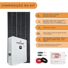Segunda imagem do produto Kit Solar All in One Unipower 5kW 48/220V com Litio 4,8kW e 4 Painéis 545W