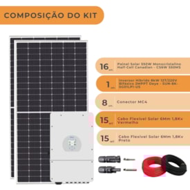 Segunda imagem do produto Kit Solar Canadian 1056kWh/mês Inversor Híbrido 8kW 127V/220V Deye