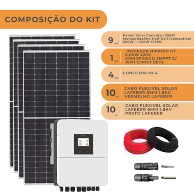 Segunda imagem do produto Kit Solar Canadian 599kWh/mês Inversor Híbrido 5kW 220V Deye