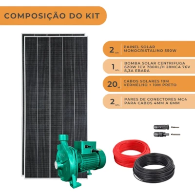 Segunda imagem do produto Kit Solar Completo Bomba Periférica Ebara Até 7800L 28MCA 620W 76V