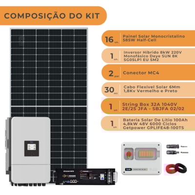 Segunda imagem do produto Kit Solar Híbrido 1123kWh/mês Deye 8kW 220V Bateria GetPower