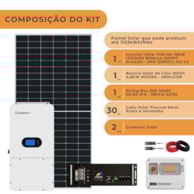 Segunda imagem do produto Kit Solar Híbrido 1123kWh/Mês Growatt 10kW 127/220V Bateria Moura
