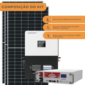 Segunda imagem do produto Kit Solar Hibrido 200kWh/Mês ou 1,67Kwp Luxpower 6kW Bifásico com Litio Unipower