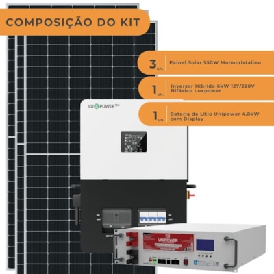 Segunda imagem do produto Kit Solar Hibrido 200kWh/Mês ou 1,67Kwp Luxpower 6kW Bifásico com Litio Unipower