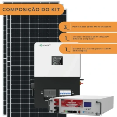 Segunda imagem do produto Kit Solar Hibrido 200kWh/Mês ou 1,67Kwp Luxpower 6kW Bifásico com Litio Unipower